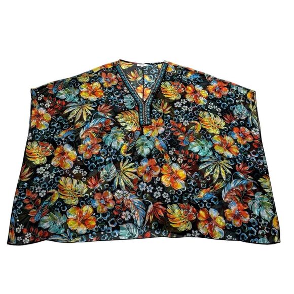 Soleillee Sheer Dark Floral Parrot Print Embellished Tunic Top Plus Sz 2X - Picture 6 of 15